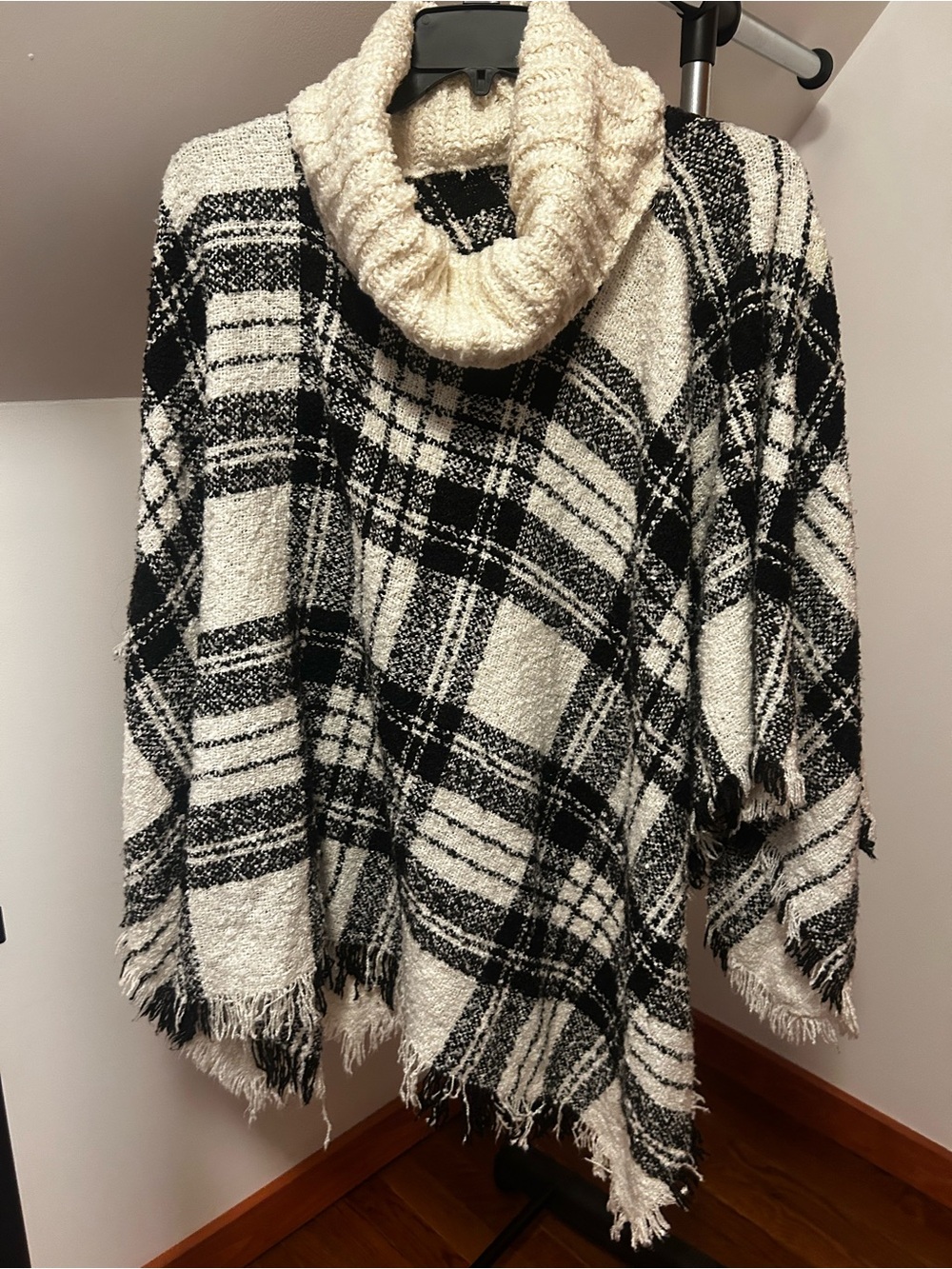 Cowl-Neck Plaid Poncho in Black and Cream